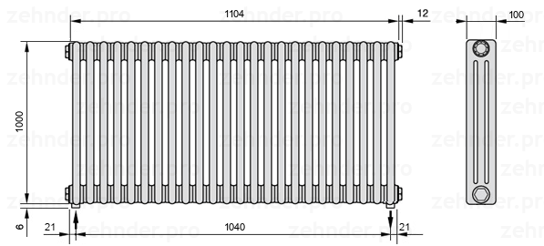 Схема (чертеж) Радиатор Zehnder Charleston 3100/24 №3570 Белый глянцевый RAL 9016